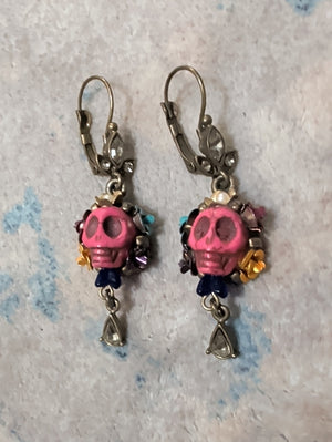 Retro Sweet Romance Skull and Crystal Day of the Dead Teardrop Earrings