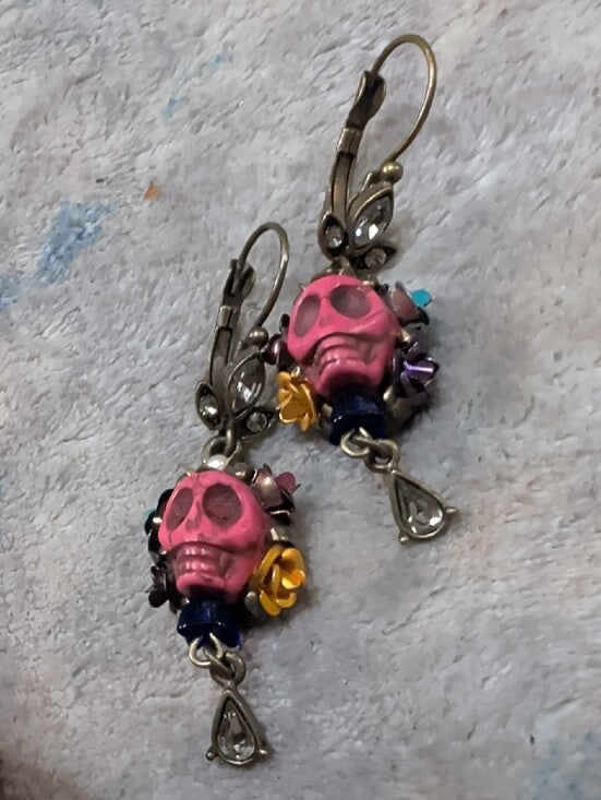 Retro Sweet Romance Skull and Crystal Day of the Dead Teardrop Earrings