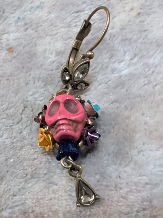 Retro Sweet Romance Skull and Crystal Day of the Dead Teardrop Earrings