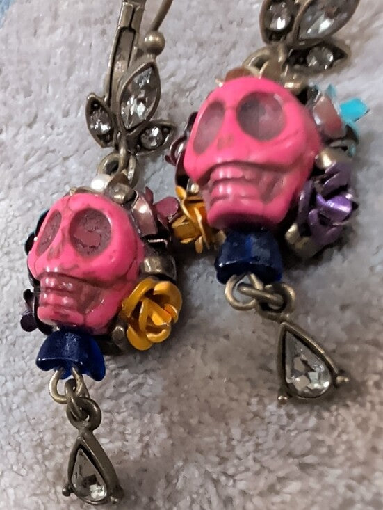 Retro Sweet Romance Skull and Crystal Day of the Dead Teardrop Earrings