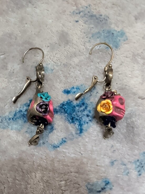 Retro Sweet Romance Skull and Crystal Day of the Dead Teardrop Earrings