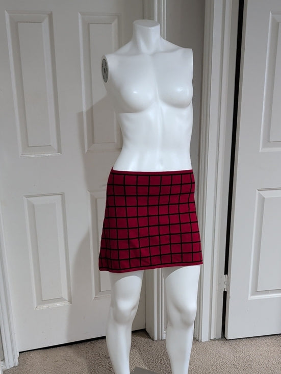 Women's Red Grid Stretch Mini Skirt - Sleek Windowpane Design Retro Modern