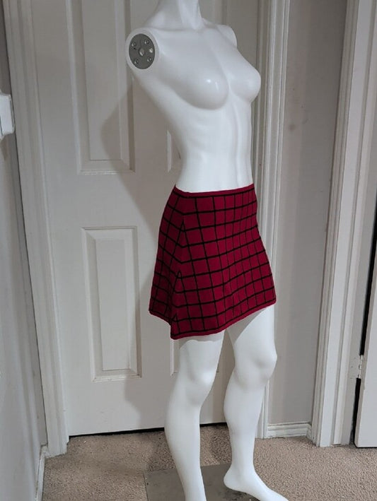 Women's Red Grid Stretch Mini Skirt - Sleek Windowpane Design Retro Modern