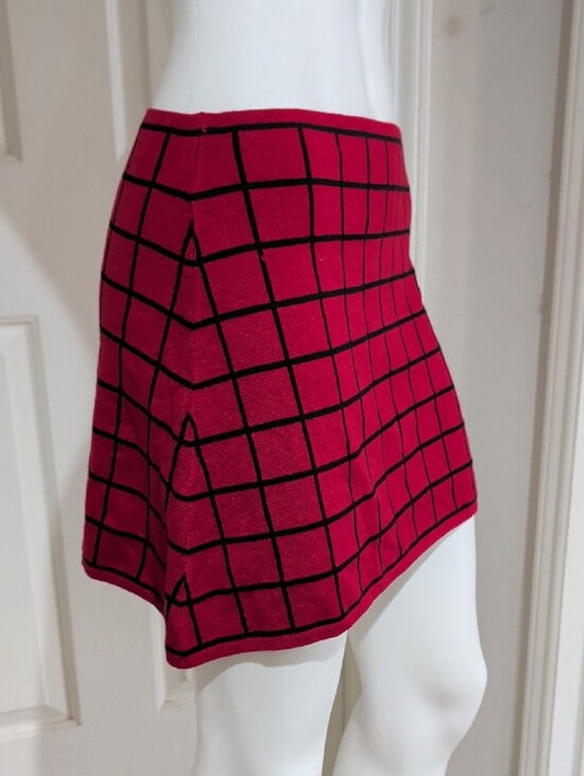 Women's Red Grid Stretch Mini Skirt - Sleek Windowpane Design Retro Modern