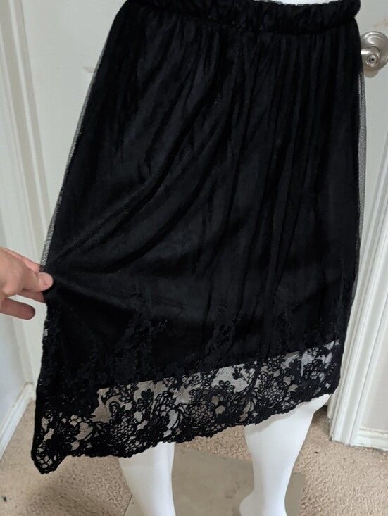 Bobeau Black Lace-Trim A-Line Midi Skirt Women's Medium