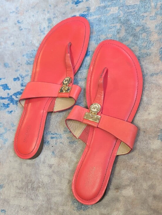 Michael Kors Coral Leather Thong Sandals with Gold MK Charm Women's US 11M/EU 42.5M
