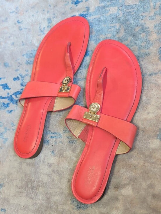 Michael Kors Coral Leather Thong Sandals with Gold MK Charm Women's US 11M/EU 42.5M