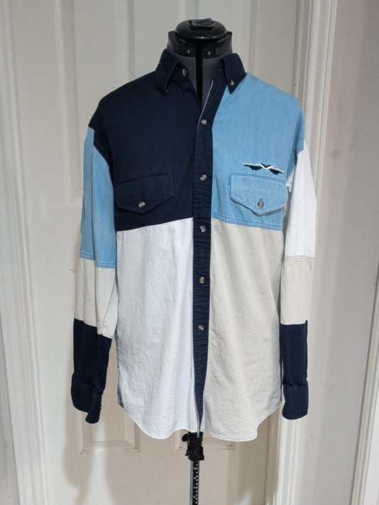 Vintage 90s Express Rider Western Denim Colorblock Button Front Shirt Men's M