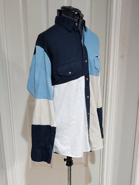 Vintage 90s Express Rider Western Denim Colorblock Button Front Shirt Men's M