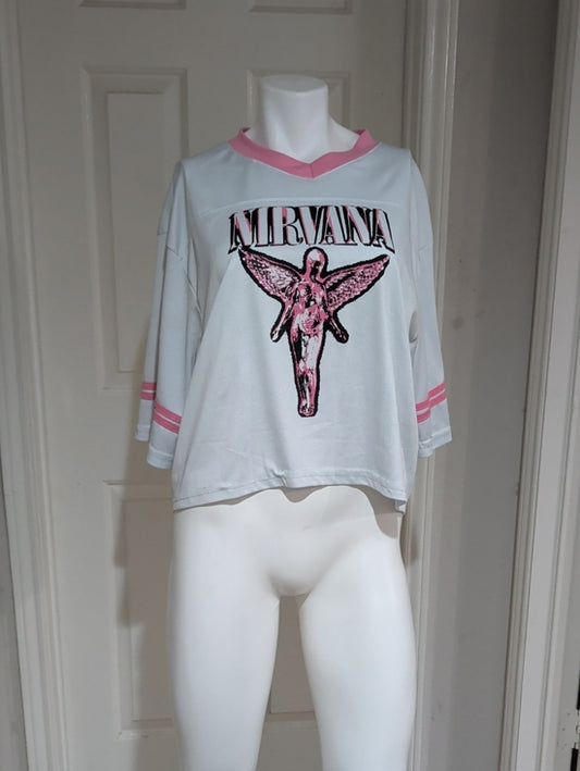 NIRVANA White Cropped Tee with Pink Graphic and Trim Women's XL