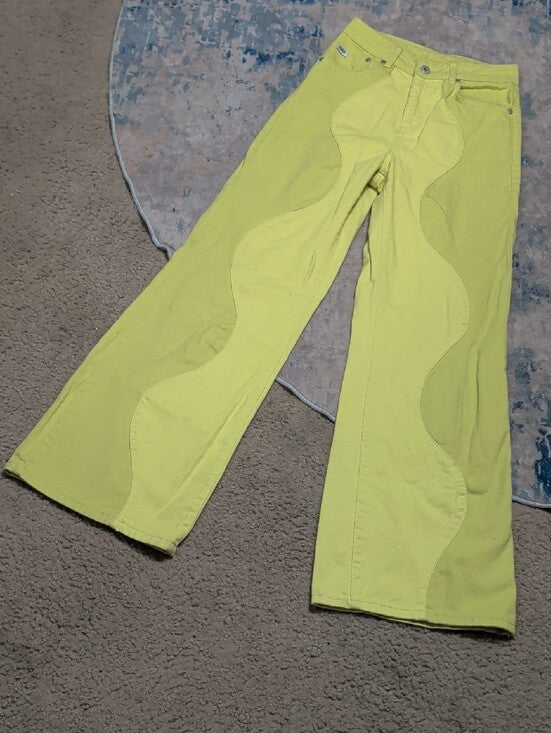Ragged Priest Jeans Lime Green Wave-Panel Wide Leg High Rise Jeans Women's 26