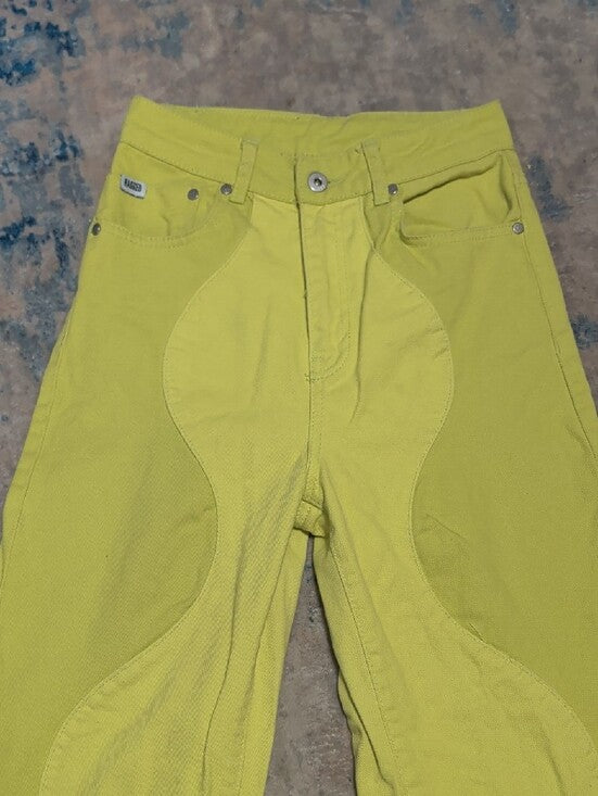Ragged Priest Jeans Lime Green Wave-Panel Wide Leg High Rise Jeans Women's 26