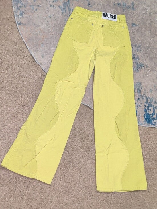 Ragged Priest Jeans Lime Green Wave-Panel Wide Leg High Rise Jeans Women's 26