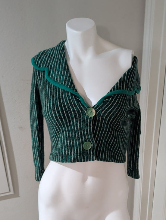 VTG 1960s Green Striped Off-the-Shoulder Cropped Sweater W/ Contrast Trim Sz 10