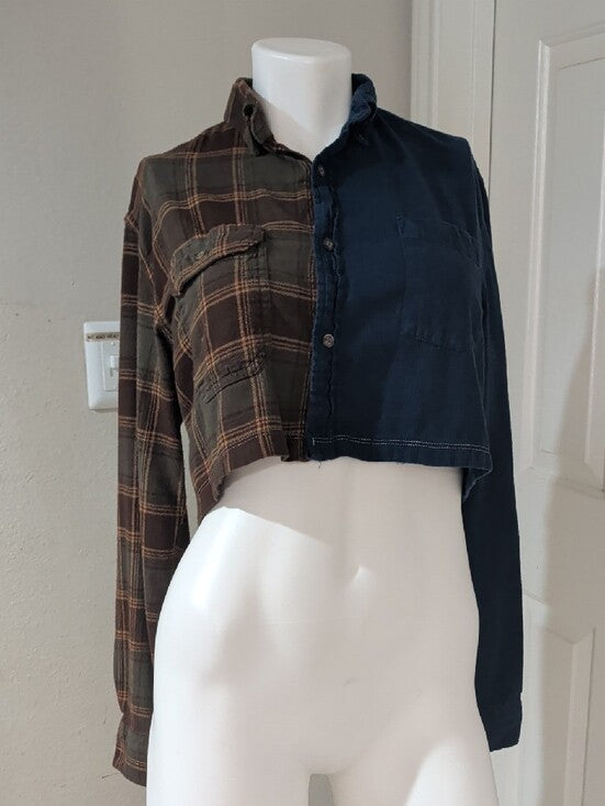 Re-Paved Two-Tone Cropped Shirt - Plaid Recycled Materials Women's S/M