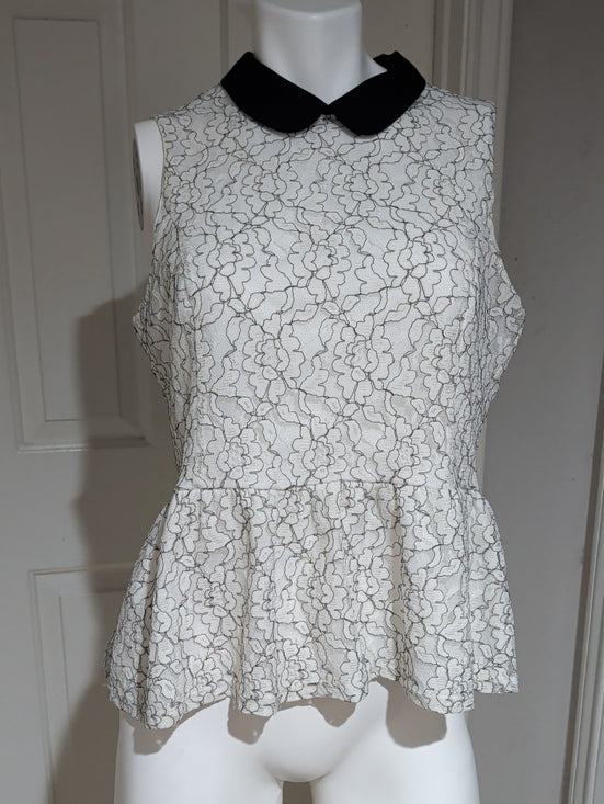 Retro Elle White Floral Lace Peplum Camisole w/ Black Peter Pan Collar Women's L