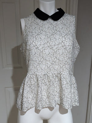Retro Elle White Floral Lace Peplum Camisole w/ Black Peter Pan Collar Women's L