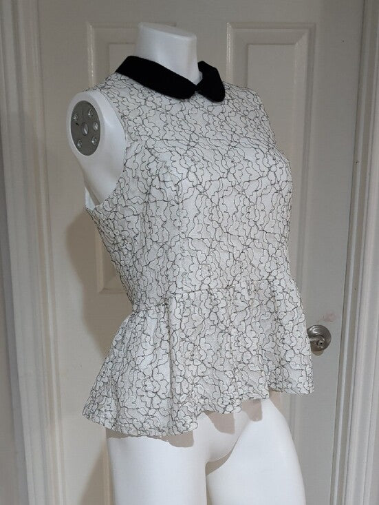 Retro Elle White Floral Lace Peplum Camisole w/ Black Peter Pan Collar Women's L