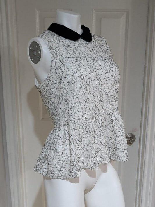Retro Elle White Floral Lace Peplum Camisole w/ Black Peter Pan Collar Women's L