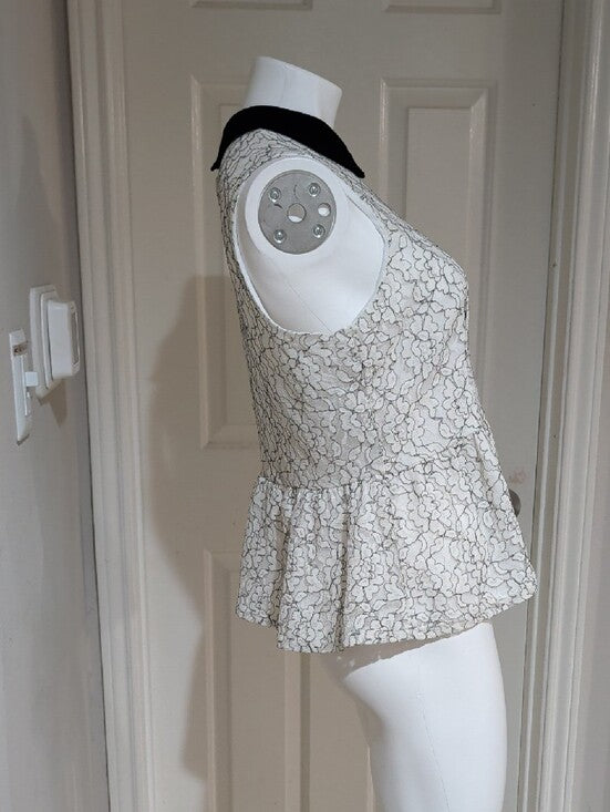 Retro Elle White Floral Lace Peplum Camisole w/ Black Peter Pan Collar Women's L