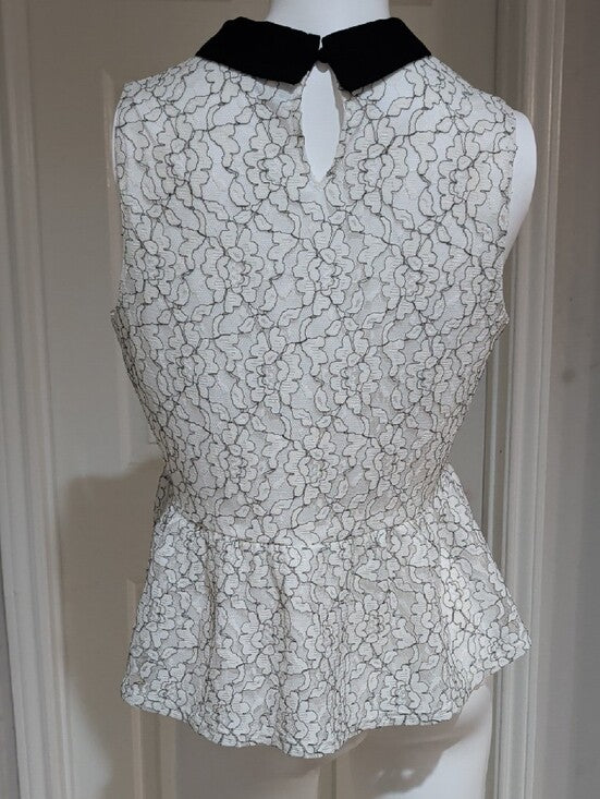 Retro Elle White Floral Lace Peplum Camisole w/ Black Peter Pan Collar Women's L