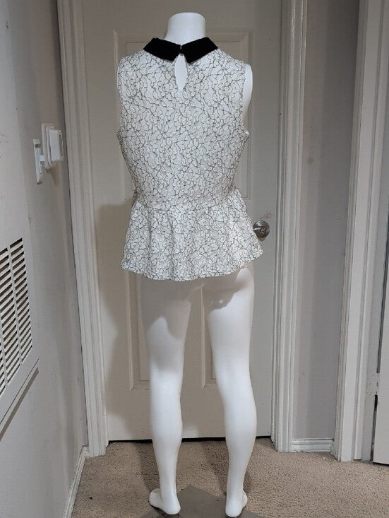 Retro Elle White Floral Lace Peplum Camisole w/ Black Peter Pan Collar Women's L