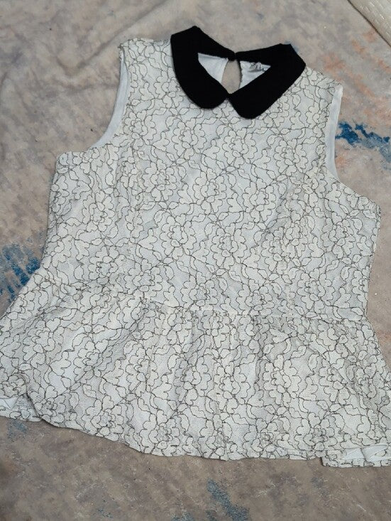 Retro Elle White Floral Lace Peplum Camisole w/ Black Peter Pan Collar Women's L