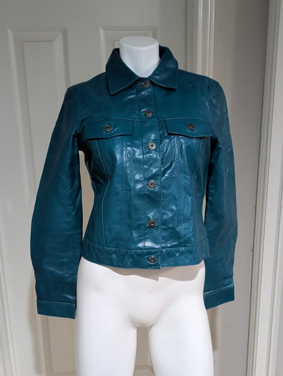 Vintage GAP Teal Leather Button-Front Jacket Women's M- Fall 2000 Collection Y2K