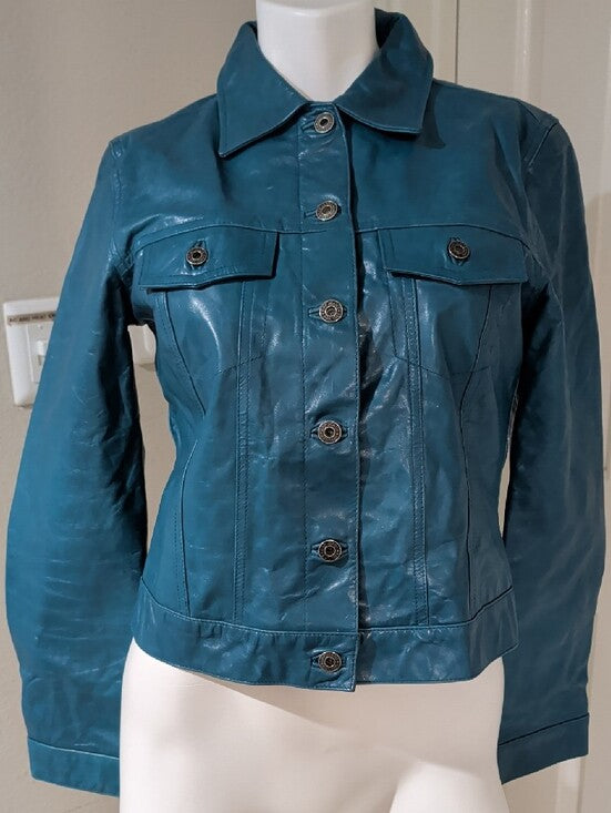 Vintage GAP Teal Leather Button-Front Jacket Women's M- Fall 2000 Collection Y2K
