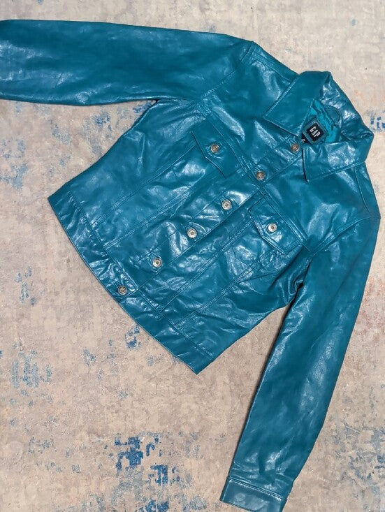 Vintage GAP Teal Leather Button-Front Jacket Women's M- Fall 2000 Collection Y2K