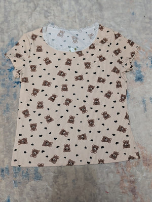 Girls Cream Bear Print Short Sleeve Tee with Lace Trim Sz Medium