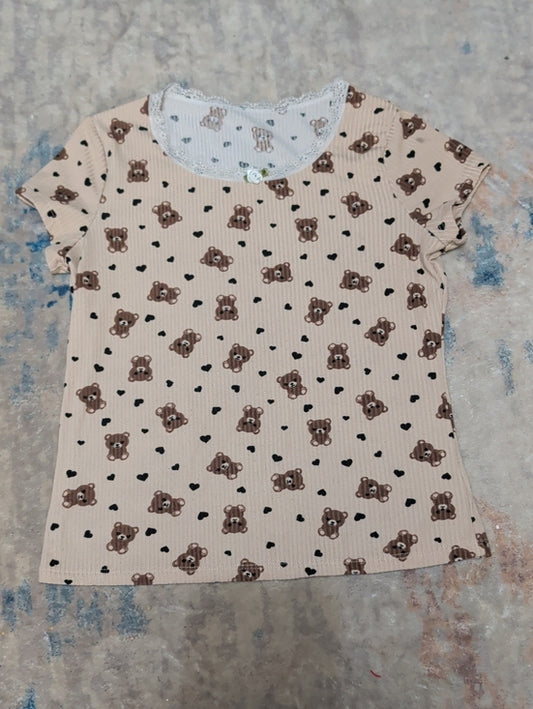 Girls Cream Bear Print Short Sleeve Tee with Lace Trim Sz Medium
