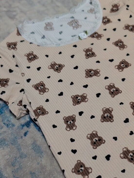 Girls Cream Bear Print Short Sleeve Tee with Lace Trim Sz Medium
