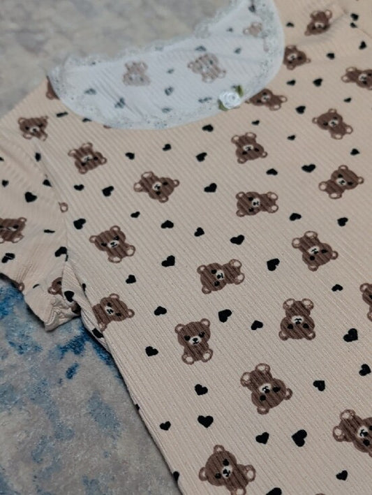 Girls Cream Bear Print Short Sleeve Tee with Lace Trim Sz Medium