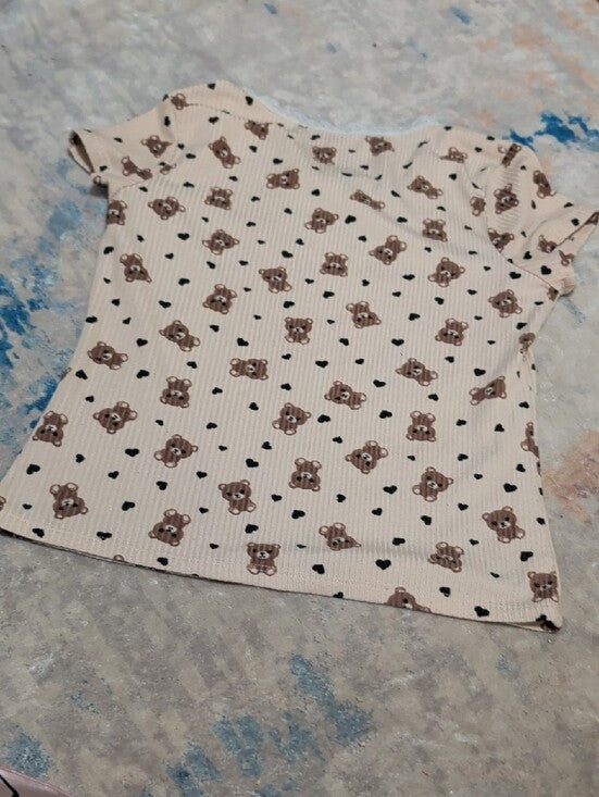 Girls Cream Bear Print Short Sleeve Tee with Lace Trim Sz Medium