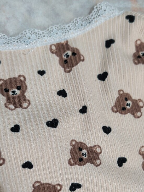 Girls Cream Bear Print Short Sleeve Tee with Lace Trim Sz Medium
