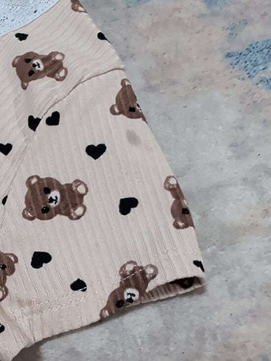 Girls Cream Bear Print Short Sleeve Tee with Lace Trim Sz Medium