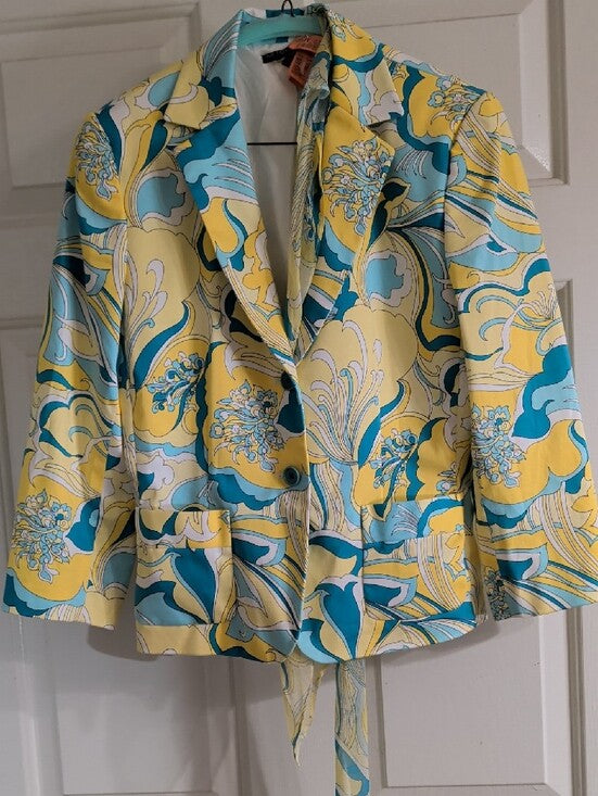 ANTONIO MELANI Yellow & Teal Floral-Print Blazer And Scarf Women's 6