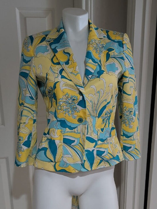 ANTONIO MELANI Yellow & Teal Floral-Print Blazer And Scarf Women's 6