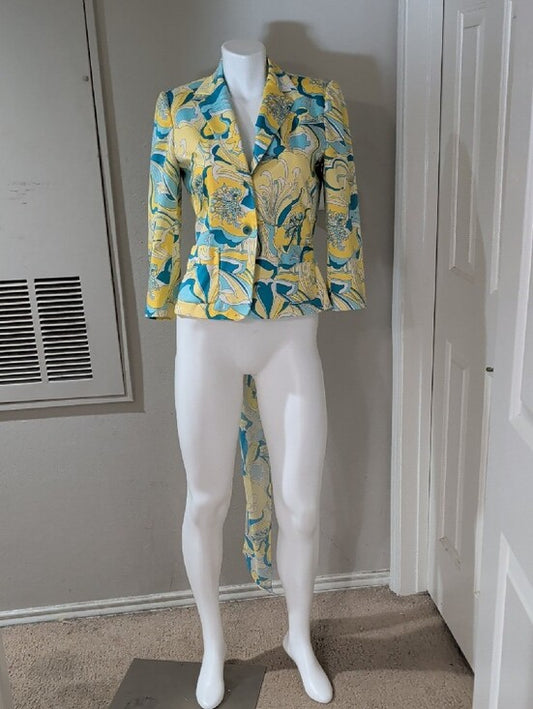 ANTONIO MELANI Yellow & Teal Floral-Print Blazer And Scarf Women's 6