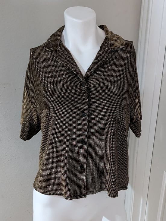 Linea Donatella Metallic Gold Short Sleeve Button-Down Blouse Women's Small 70s-80s
