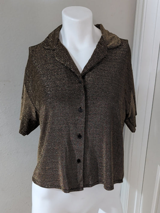 Linea Donatella Metallic Gold Short Sleeve Button-Down Blouse Women's Small 1980s