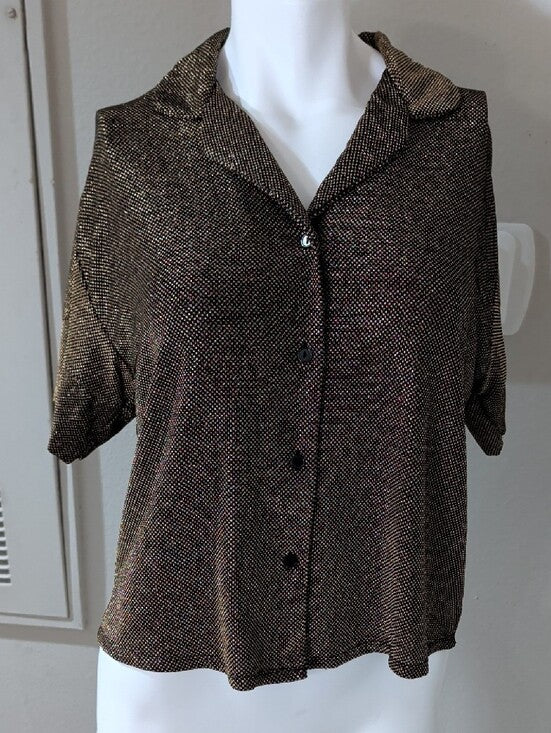 Linea Donatella Metallic Gold Short Sleeve Button-Down Blouse Women's Small 70s-80s