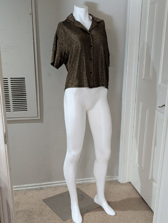Linea Donatella Metallic Gold Short Sleeve Button-Down Blouse Women's Small 70s-80s