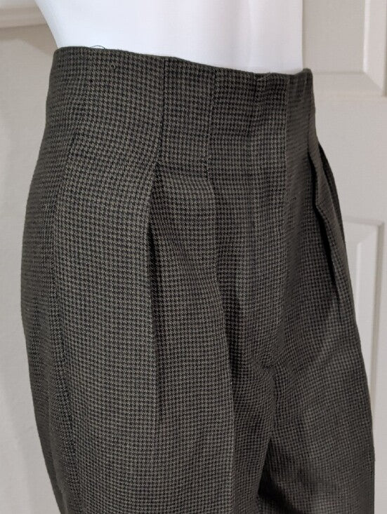 Vintage Tailored High-Waist Pleated Houndstooth Pants in Dark Olive Women's