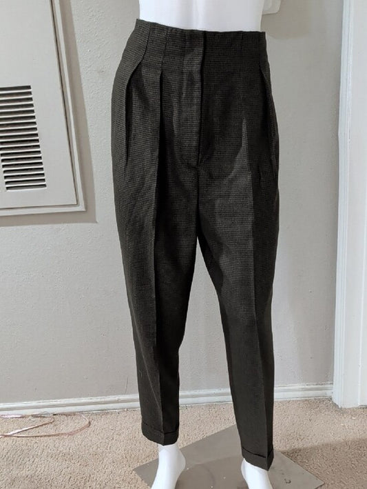 Vintage Tailored High-Waist Pleated Houndstooth Pants in Dark Olive Women's