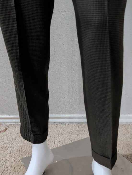 Vintage Tailored High-Waist Pleated Houndstooth Pants in Dark Olive Women's
