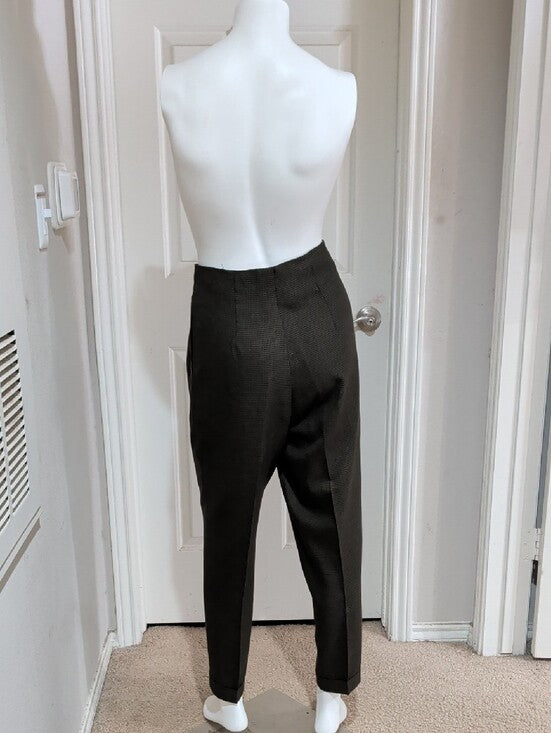 Vintage Tailored High-Waist Pleated Houndstooth Pants in Dark Olive Women's