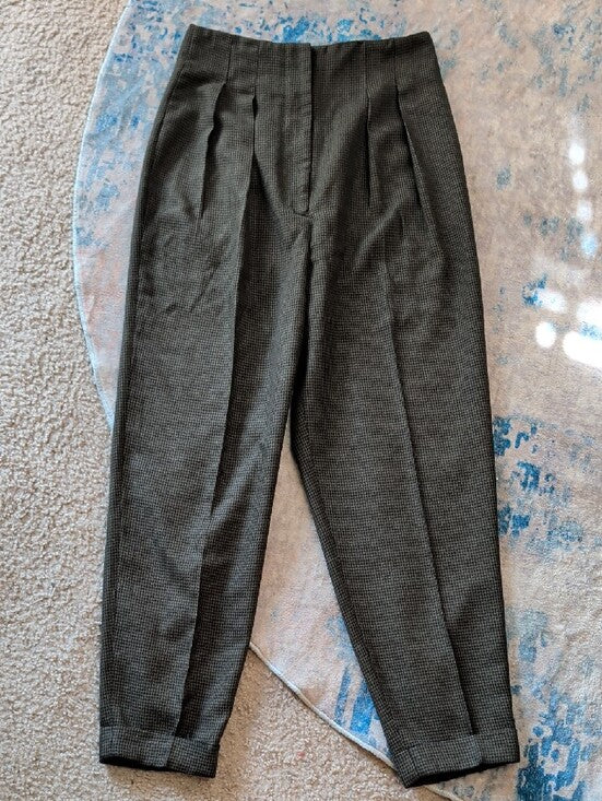 Vintage Tailored High-Waist Pleated Houndstooth Pants in Dark Olive Women's