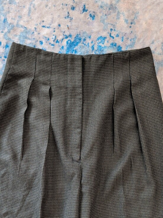 Vintage Tailored High-Waist Pleated Houndstooth Pants in Dark Olive Women's